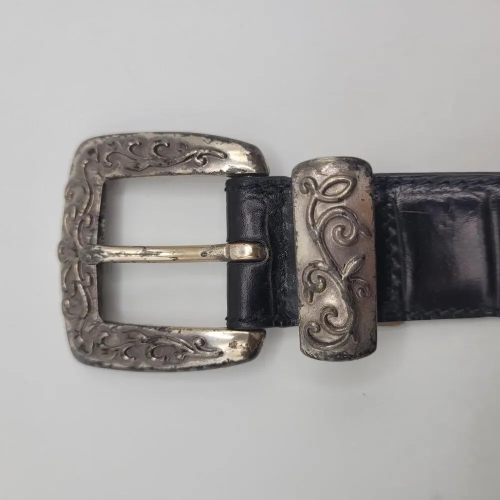 Fossil Belt Womens Med Black Leather Western Engraved Cowgirl Boho Rodeo Patina